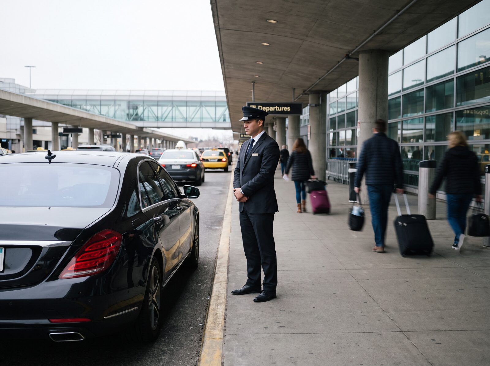 Uniformed chauffeur waiting beside a black sedan outside an airport departures terminal