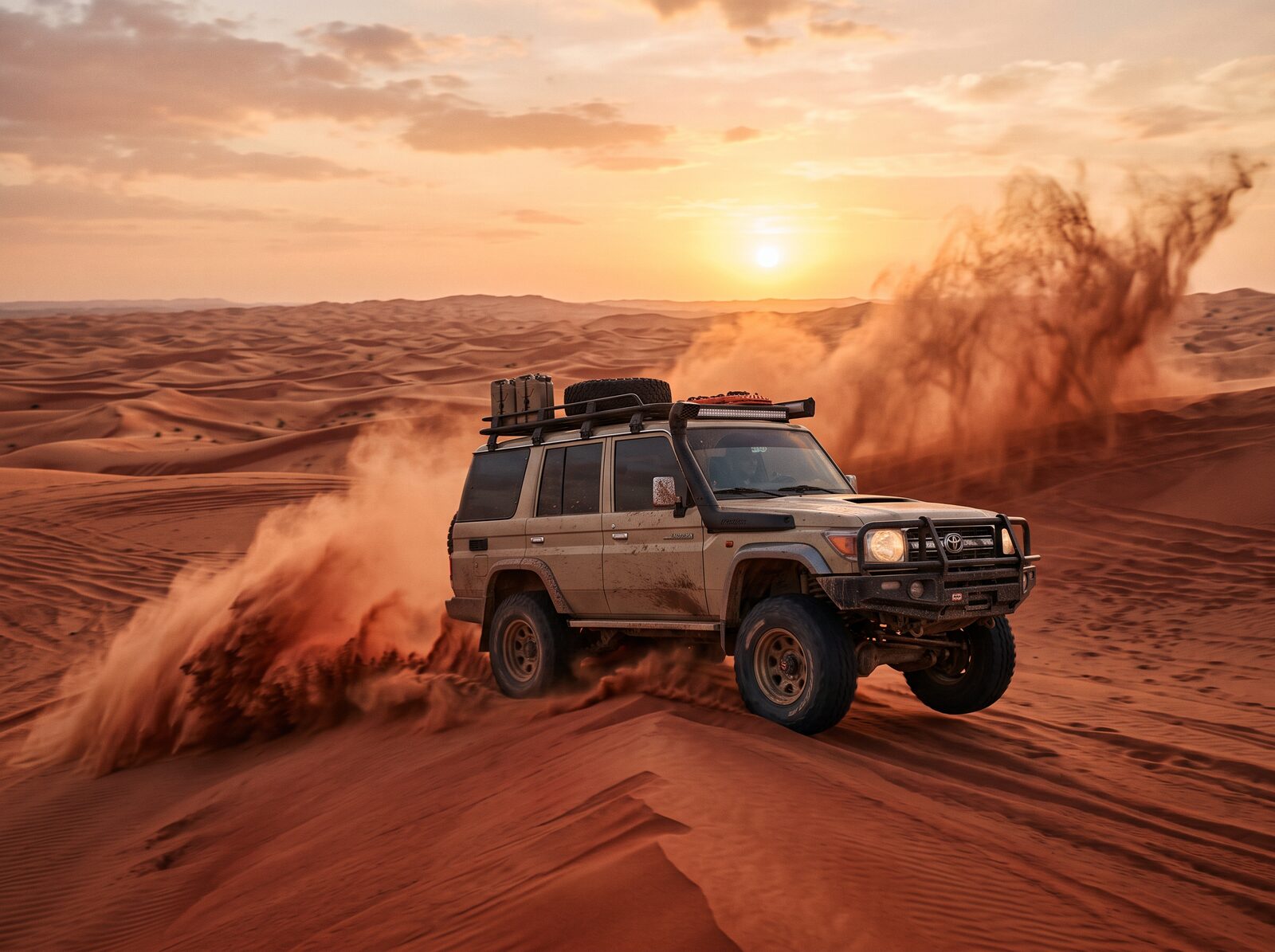 4x4 vehicle kicking up sand on red desert dunes with the sun low on the horizon