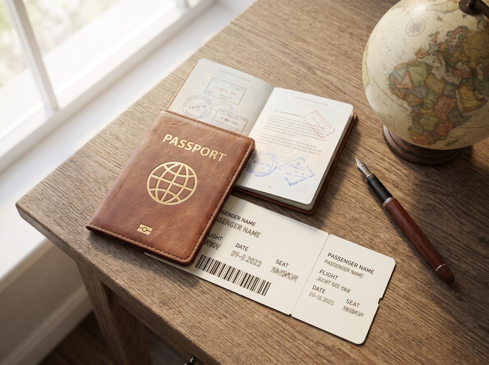 Passport, boarding pass and fountain pen on a desk beside a small globe